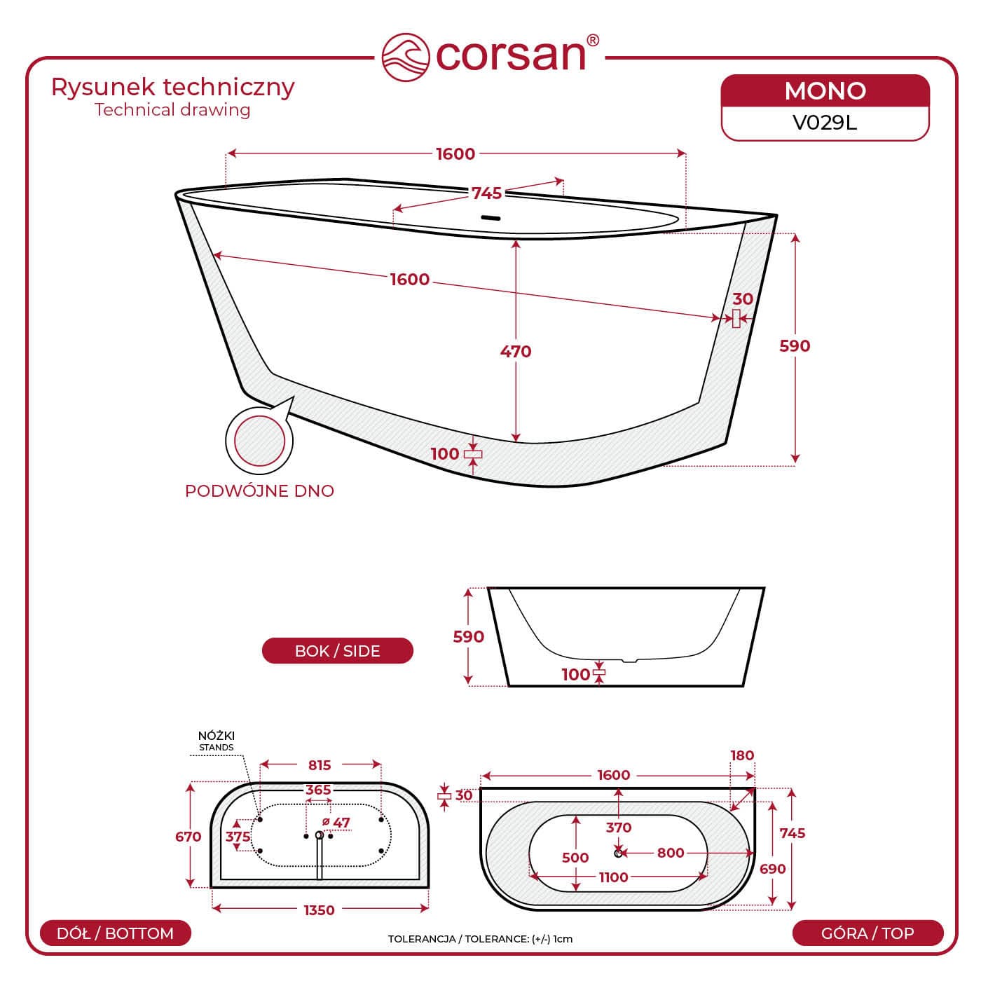 Wanna przyścienna wolnostojąca z przelewem szczelinowym Corsan MONO 160 x 74,5 cm Korek Chrom