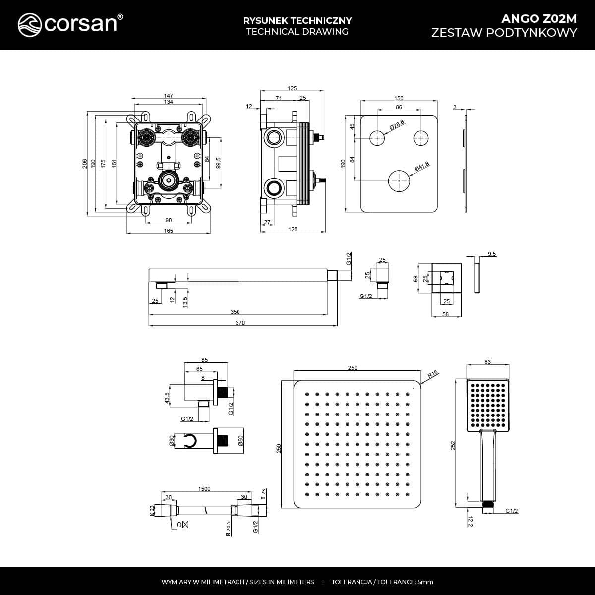 Zestaw prysznicowy podtynkowy ANGO Z02MCH Deszczownica 25cm Mieszacz Słuchawka prysznicowa Chrom