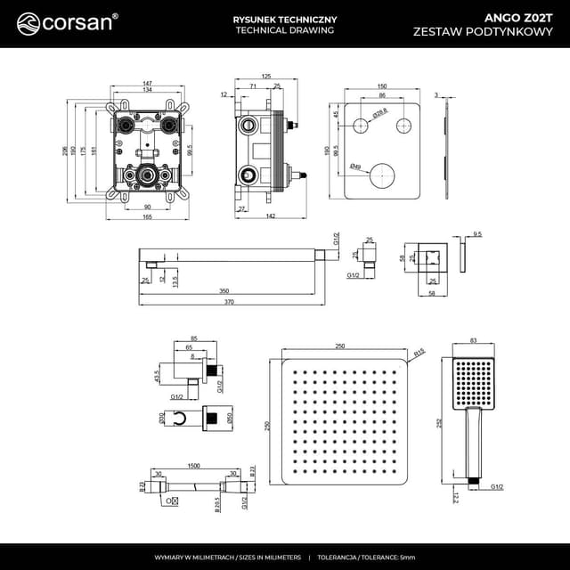 Zestaw prysznicowy podtynkowy ANGO Z02TCH Deszczownica 25cm Termostat Słuchawka prysznicowa Chrom
