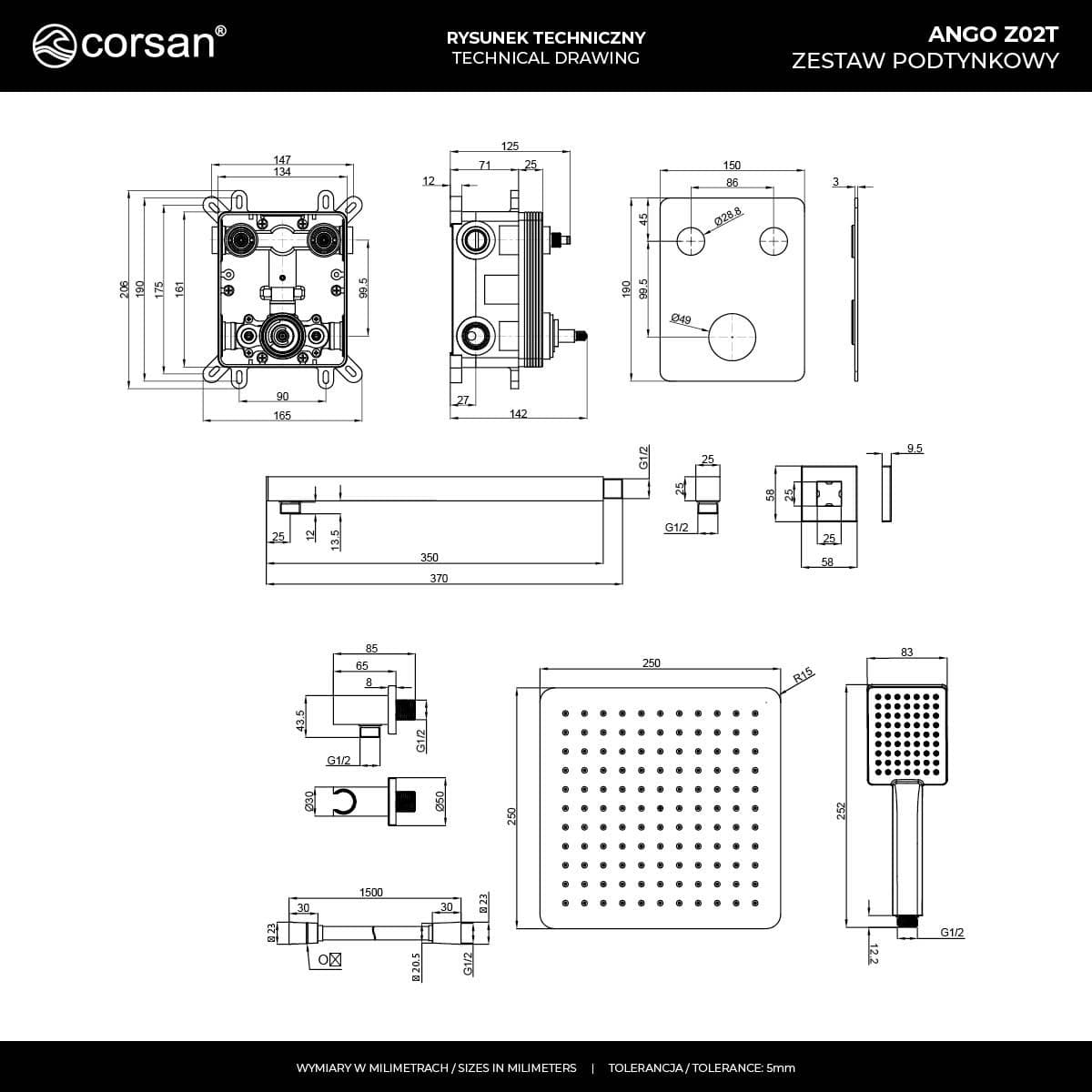 Zestaw prysznicowy podtynkowy ANGO Z02TBL Deszczownica 25cm Termostat Słuchawka prysznicowa Czarny
