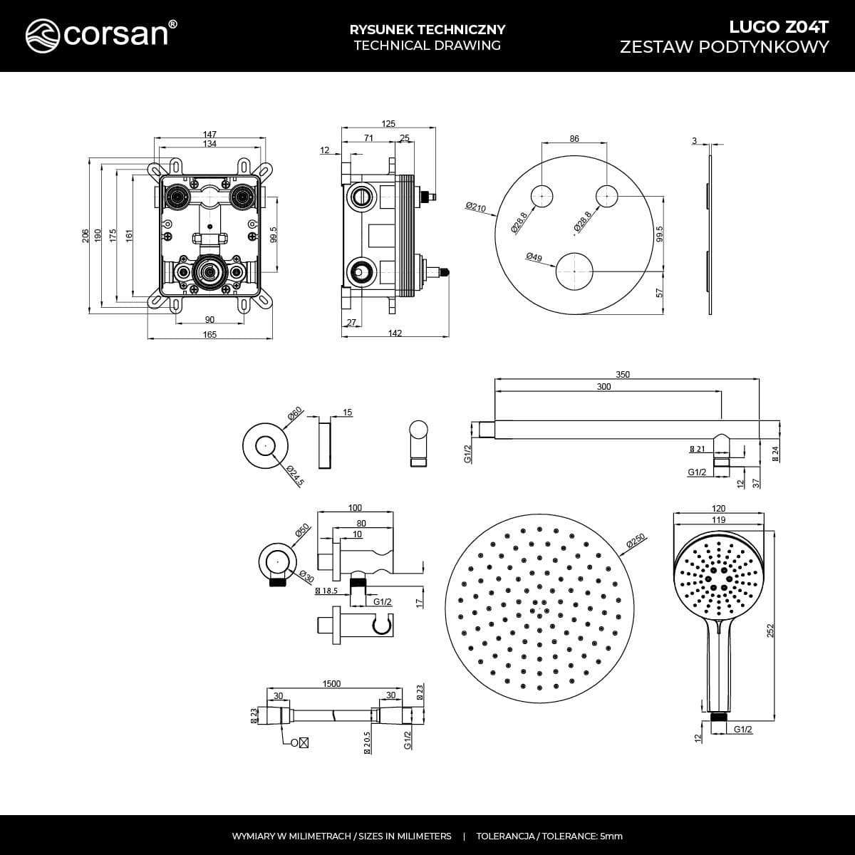 Zestaw prysznicowy podtynkowy LUGO Z04TCH Deszczownica 25cm Termostat Słuchawka prysznicowa Chrom
