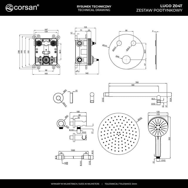 Zestaw prysznicowy podtynkowy LUGO Z04TGM Deszczownica 25cm Termostat Słuchawka prysznicowa Gunmetal