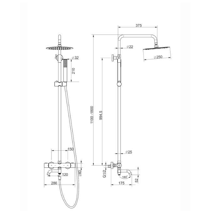Kolumna prysznicowa LUGO CMN01TBSLW Deszczownica 25cm Termostat Wylewka obrotowa Stal szczotkowana