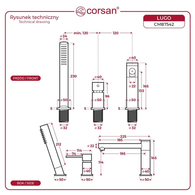 Bateria wannowa 3 otworowa LUGO CMB7542BSL z wylewką i słuchawką prysznicową Stal szczotkowana