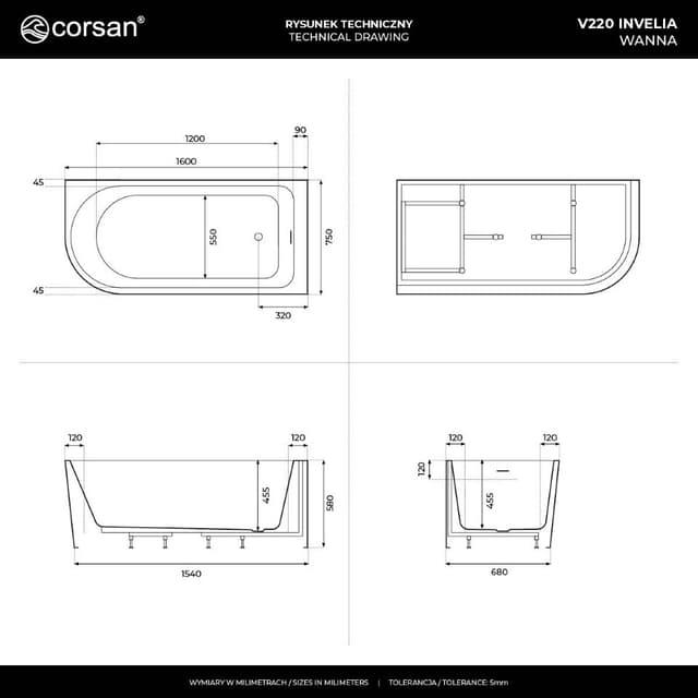 Wanna narożna INVELIA V220LLBGL 160x75 cm Montaż lewstronny Przelew szczelinowy Korek klik klak Złoto szczotkowane