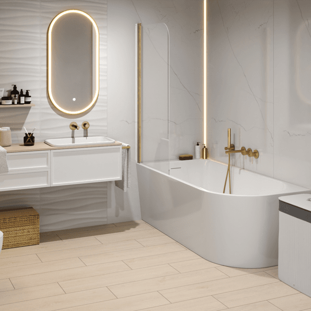 Wanna narożna INVELIA V220LPRG 160x75 cm Montaż prawostronny Przelew szczelinowy Korek klik klak Różowe złoto