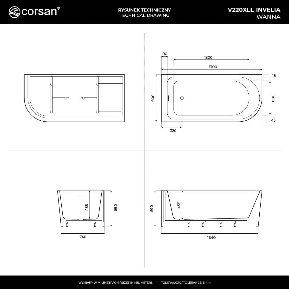 Wanna narożna INVELIA V220XLLCH 170x80 cm Montaż lewostronny Przelew szczelinowy Korek klik klak Chrom