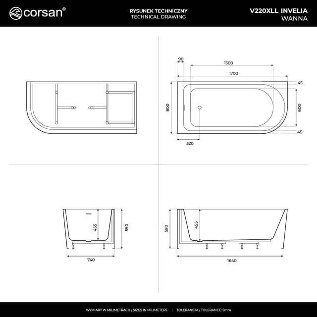 Wanna narożna INVELIA V220XLLRG 170x80 cm Montaż lewostronny Przelew szczelinowy Korek klik klak Różowe złoto