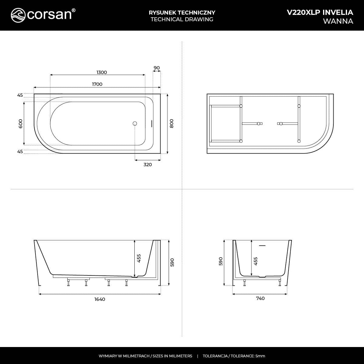 Wanna narożna INVELIA V220XLPGL 170x80 cm Montaż prawostronny Przelew szczelinowy Korek klik klak Złoty