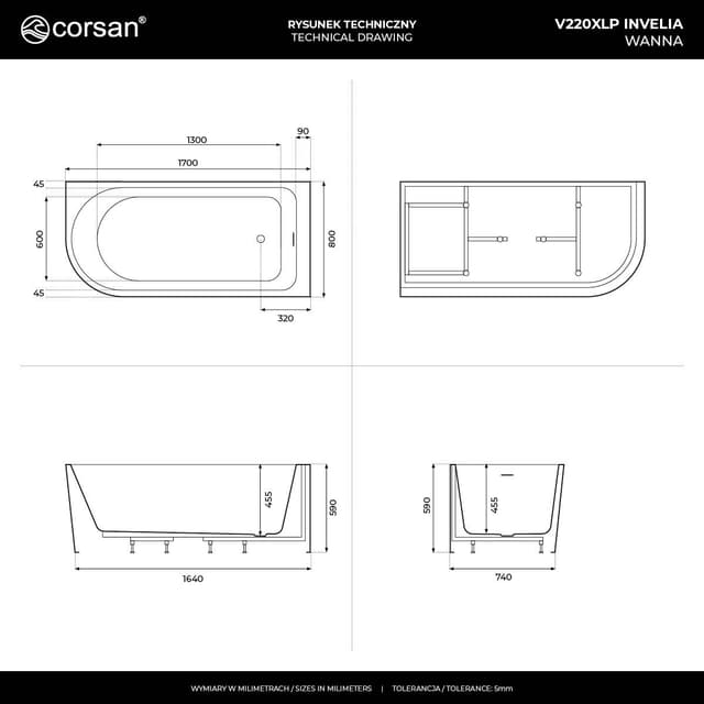 Wanna narożna INVELIA V220XLPWH 170x80cm Montaż prawostronny Przelew szczelinowy Korek klik klak Biały