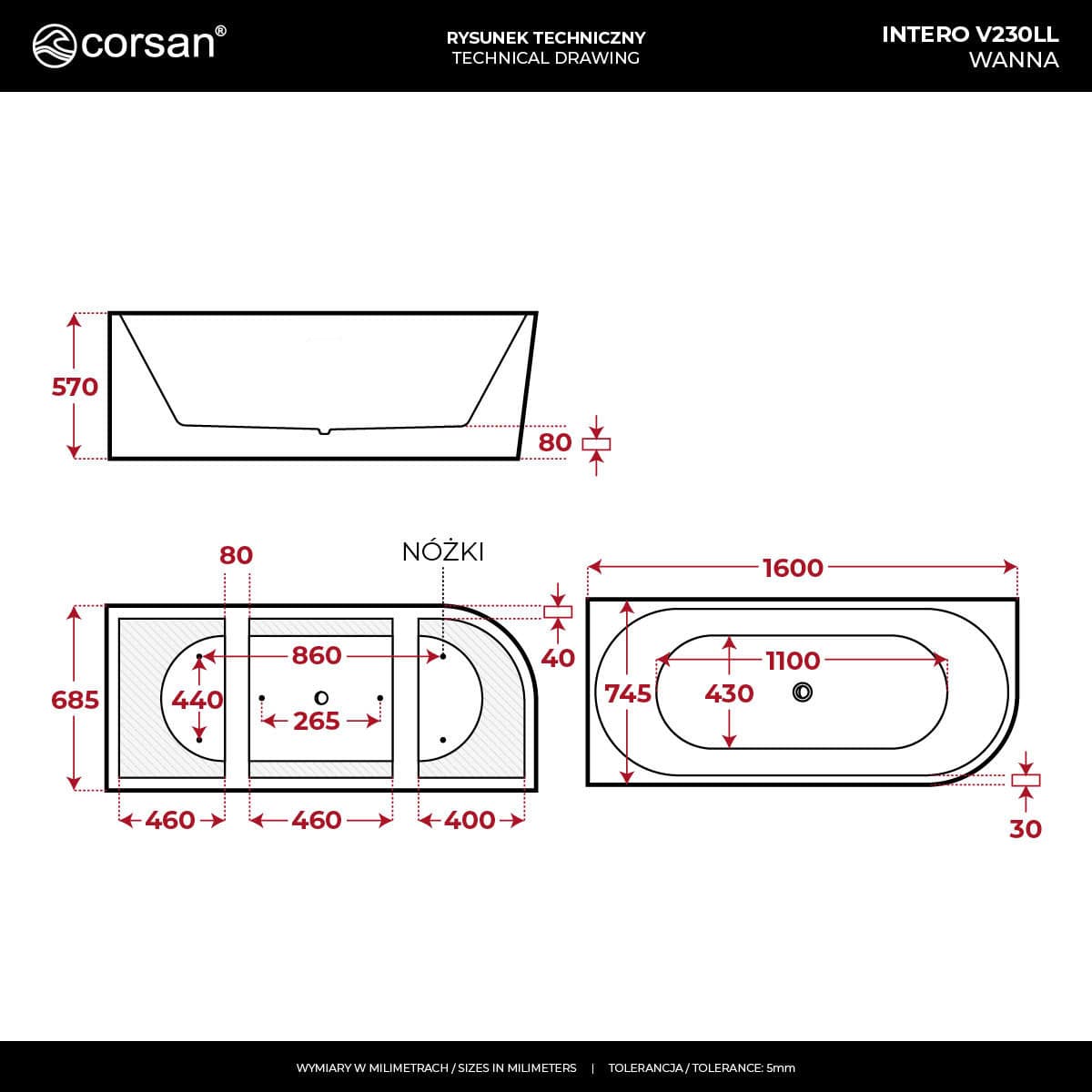 Wanna narożna INTERO V230LLGL 160 cm Montaż lewostronny Przelew szczelinowy Korek klik klak Złoty