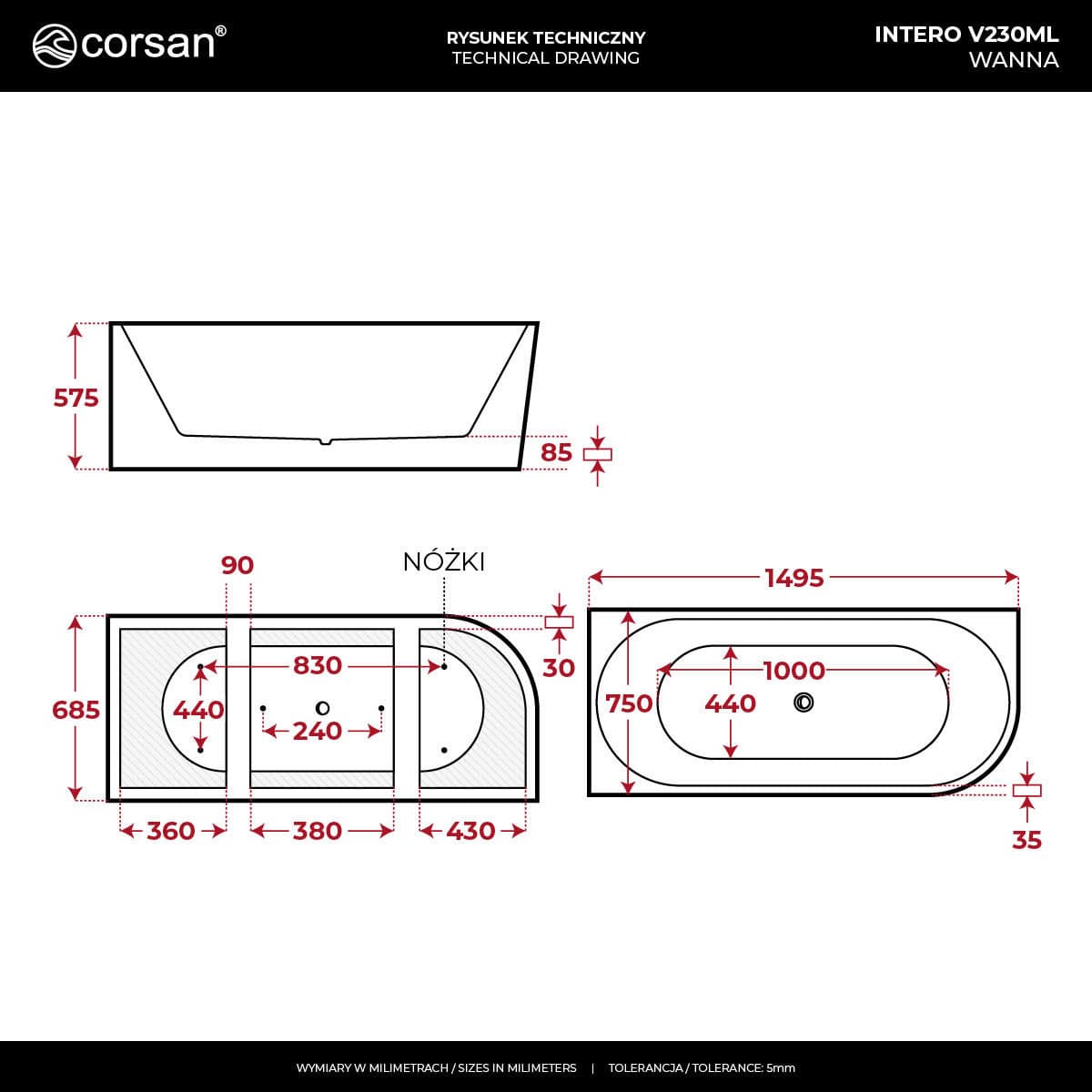 Wanna narożna INTERO V230MLWH 150 cm Montaż lewostronny Przelew szczelinowy Korek klik klak Biały