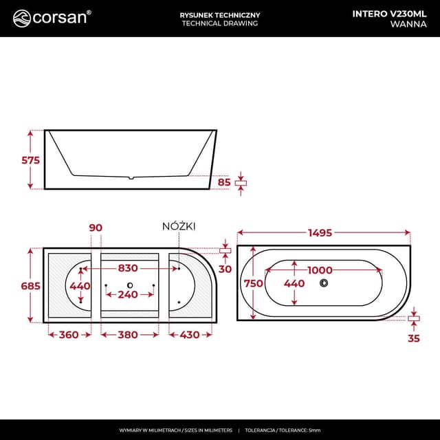 Wanna narożna INTERO V230MLWH 150 cm Montaż lewostronny Przelew szczelinowy Korek klik klak Biały