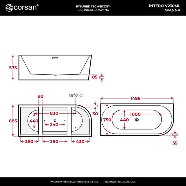 Wanna narożna INTERO V230MLGL 150 cm Montaż lewostronny Przelew szczelinowy Korek klik klak Złoty