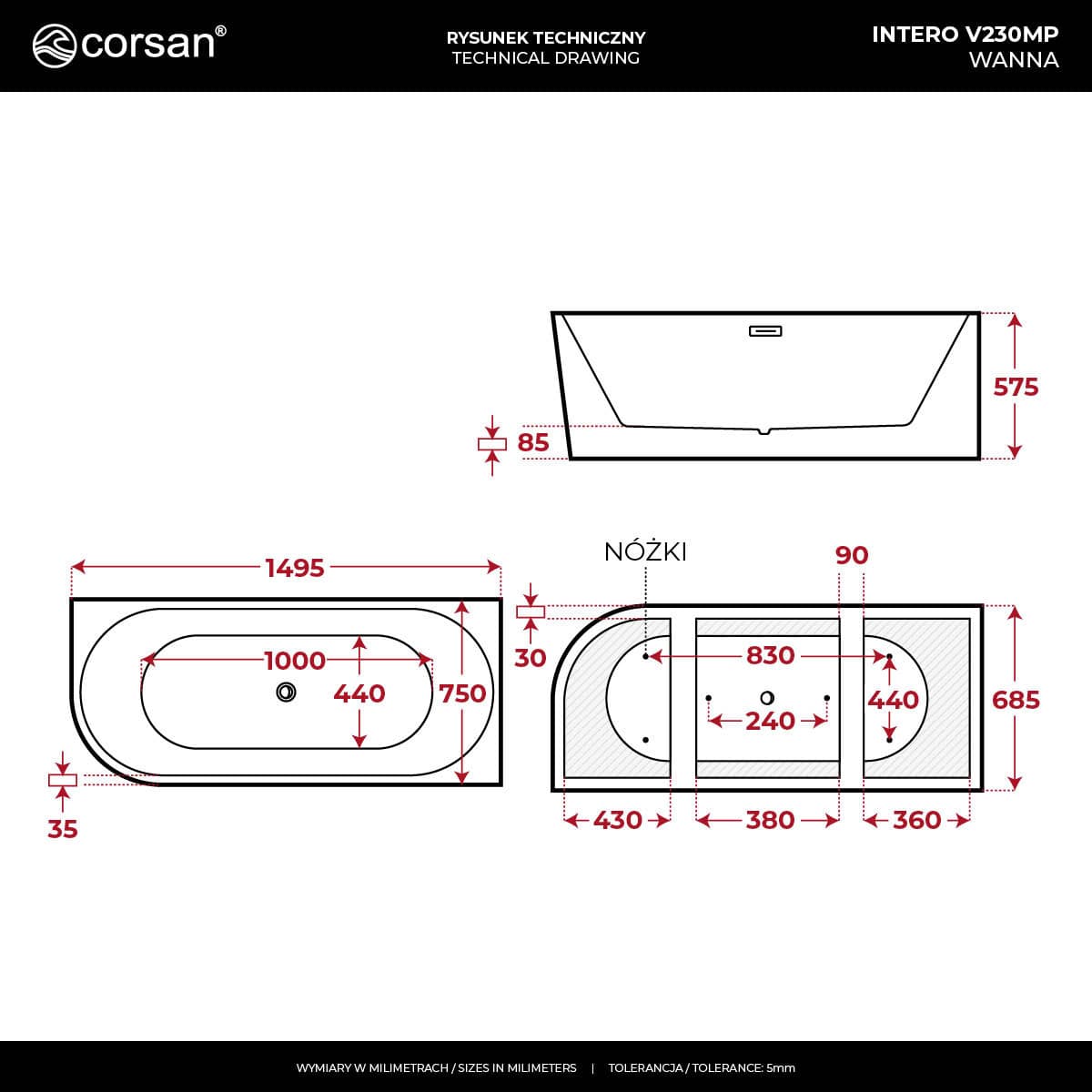 Wanna narożna INTERO V230MPCH 150 cm Montaż prawostronny Przelew szczelinowy Korek klik klak Chrom