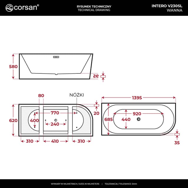 Wanna narożna INTERO V230SLBL 140 cm Montaż lewostronny Przelew szczelinowy Korek klik klak Czarny