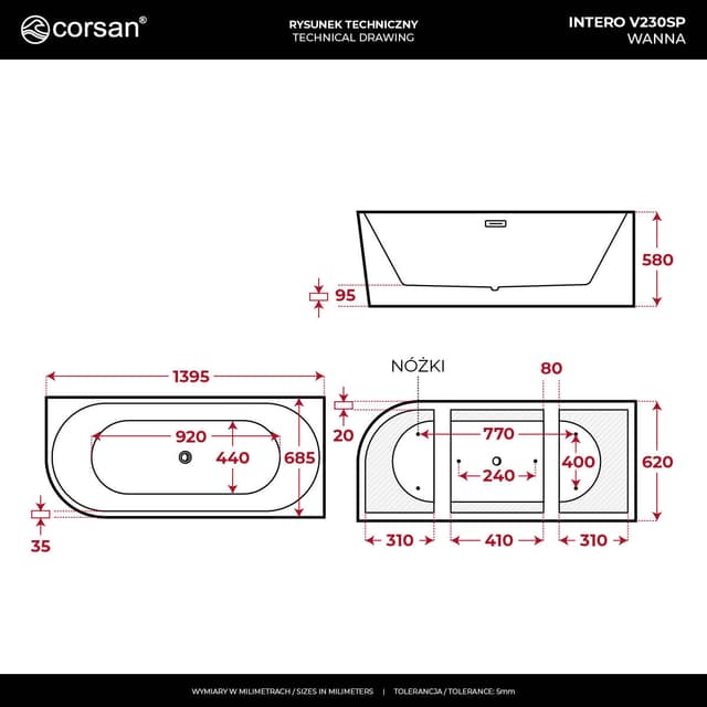 Wanna narożna INTERO V230SPWH 140 cm Montaż prawostronny Przelew szczelinowy Korek klik klak Biały