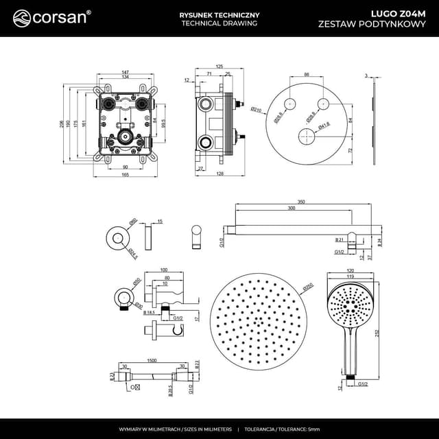 Zestaw prysznicowy LUGO Z04MGL Deszczownica 25cm Mieszacz Słuchawka prysznicowa Złoto