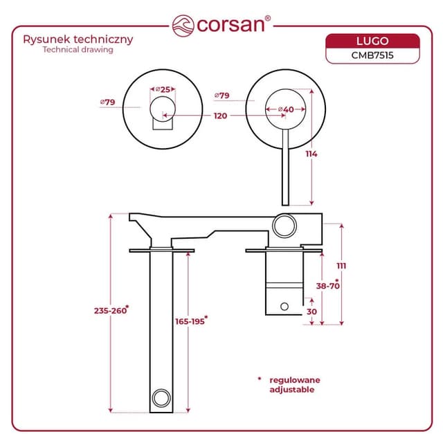 Bateria umywalkowa podtynkowa LUGO CMB7515BSL z wylewką Szczotkowana Stal
