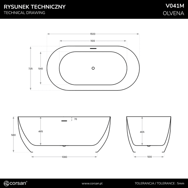Wanna wolnostojąca OLVENA V041MCH 150 cm Przelew szczelinowy Korek klik klak Chrom