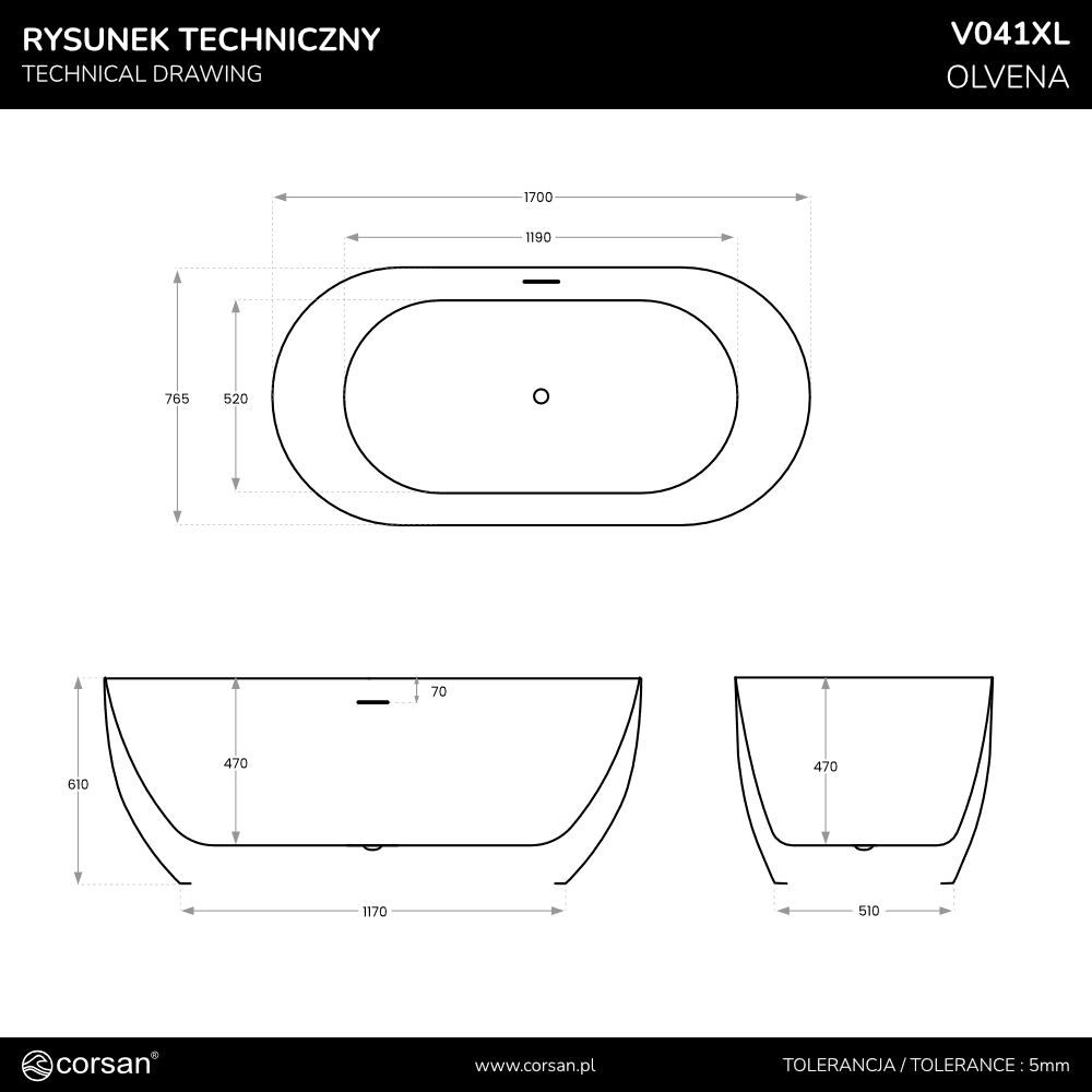 Wanna wolnostojąca OLVENA V041XLRG 170 cm Przelew szczelinowy Korek klik klak Różowe złoto