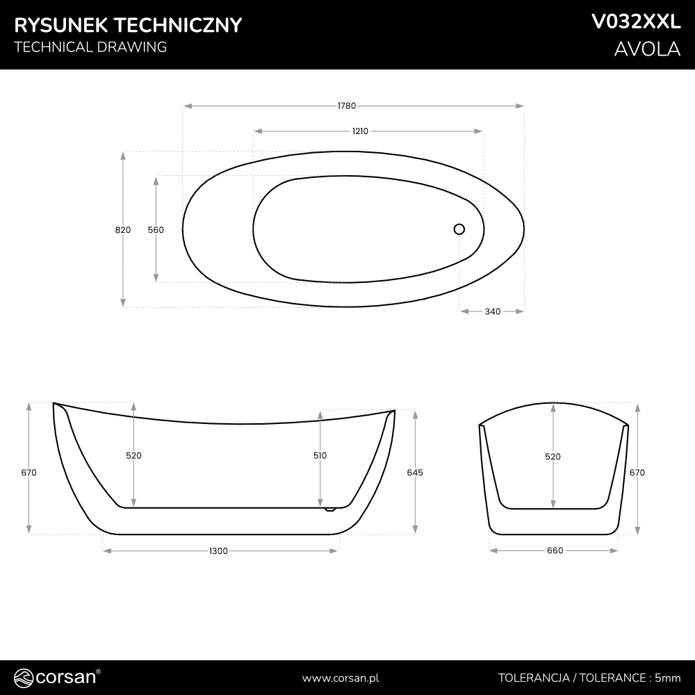 Wanna wolnostojąca AVOLA V032XXLRG 180 cm Przelew szczelinowy Korek klik klak Różowe Złoto