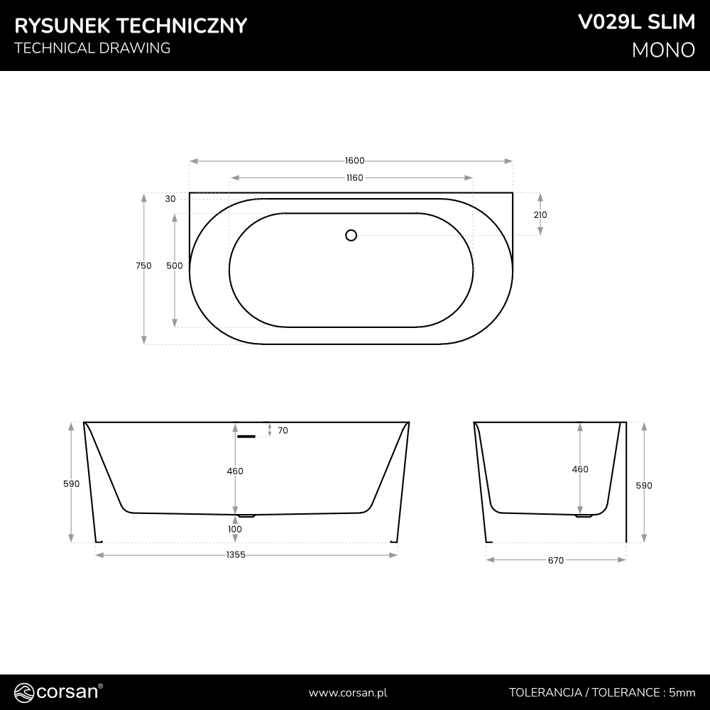 Wanna przyścienna MONO V029LSRG Slim 160 cm Przelew szczelinowy Korek klik klak Różowe Złoto