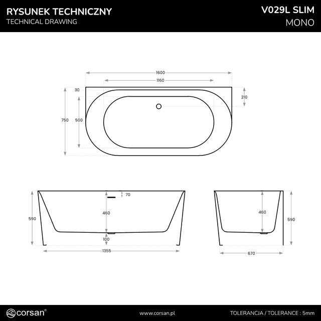Wanna przyścienna MONO V029LSGL Slim 160 cm Przelew szczelinowy Korek klik klak Złoty