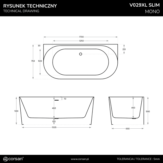 Wanna przyścienna MONO V029XLSCH Slim 170 cm Przelew szczelinowy Korek klik klak Chrom