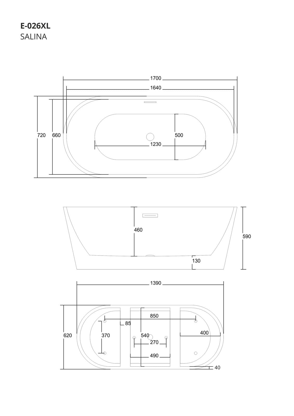 Wanna wolnostojąca Corsan SALINA 170 x 72 cm Korek klik-klak Miedziany / Różowe Złoto