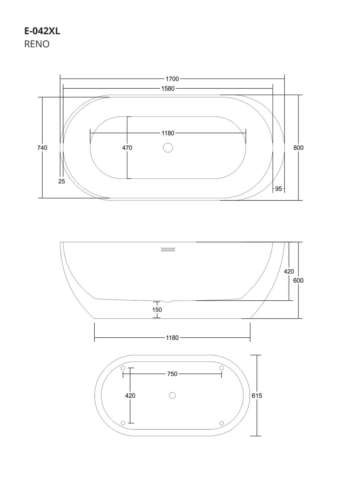 Wanna wolnostojąca Corsan RENO 170 x 80 cm z boczną półką Korek klik-klak Chrom
