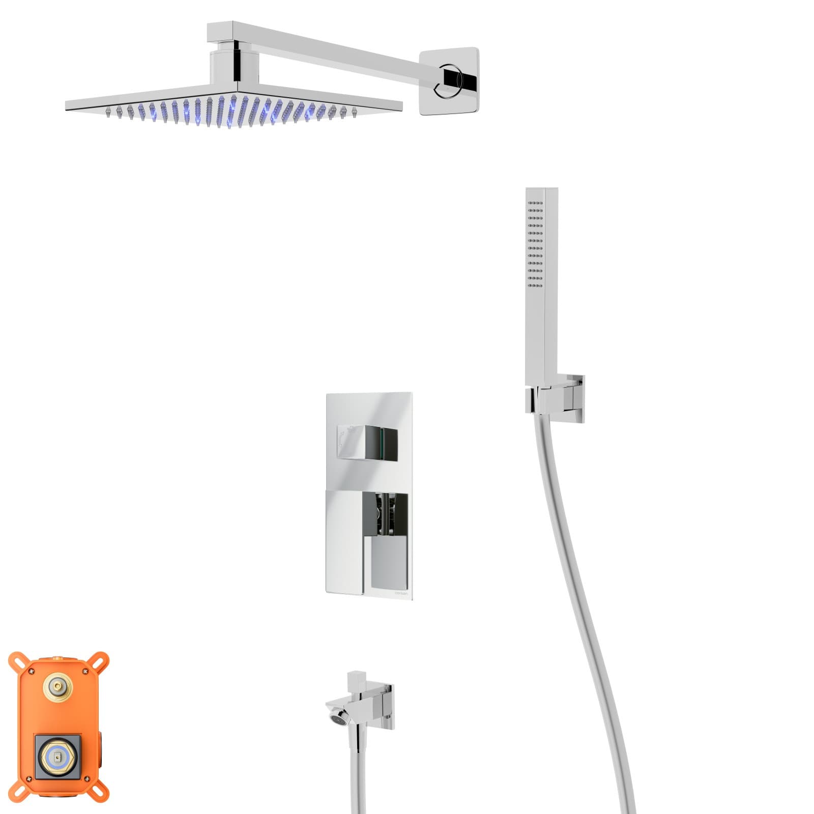 Zestaw prysznicowy Corsan Ango chrom z deszczownicą LED, baterią, słuchawką i wylewką