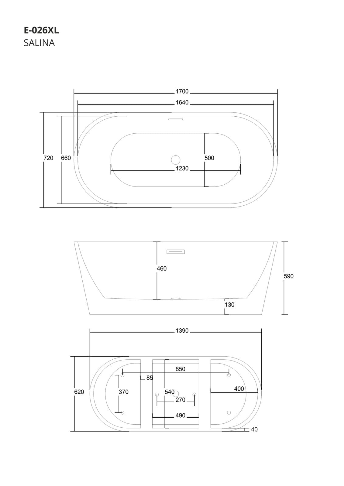 Wanna wolnostojąca Corsan SALINA 170 x 72 cm Korek klik-klak Chrom