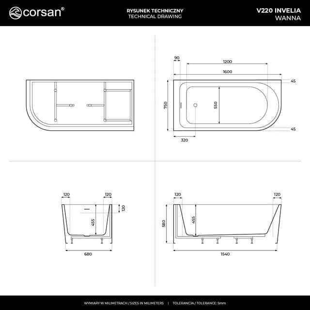 Wanna narożna INVELIA V220LLBRG 160x75 cm Montaż lewostronny Przelew szczelinowy Korek klik klak Miedź szczotkowana
