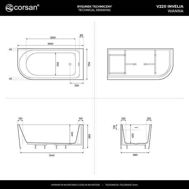 Wanna narożna INVELIA V220LPBRG 160x75 cm Montaż prawostronny Przelew szczelinowy Korek klik klak Miedź szczotkowana