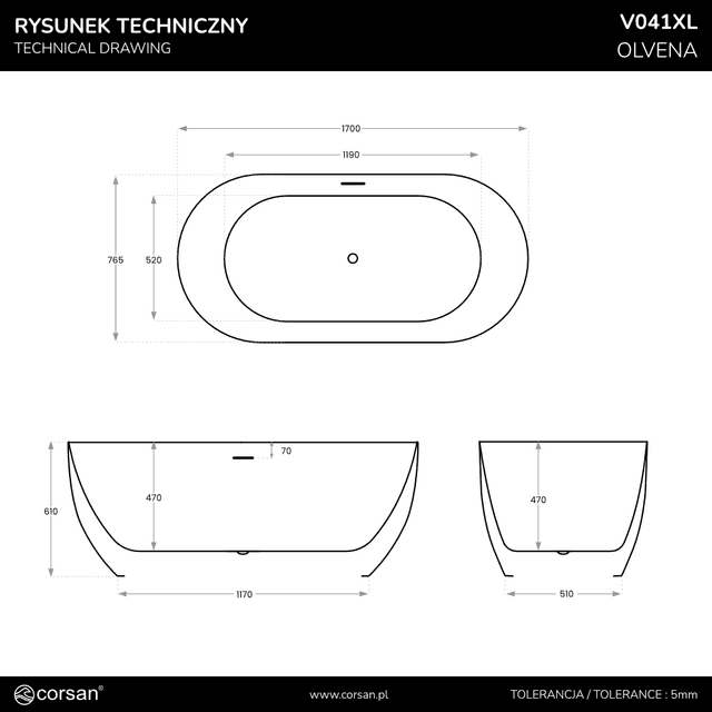 Wanna wolnostojąca OLVENA V041XLBRG 170 cm Przelew szczelinowy Korek klik klak Miedź szczotkowana