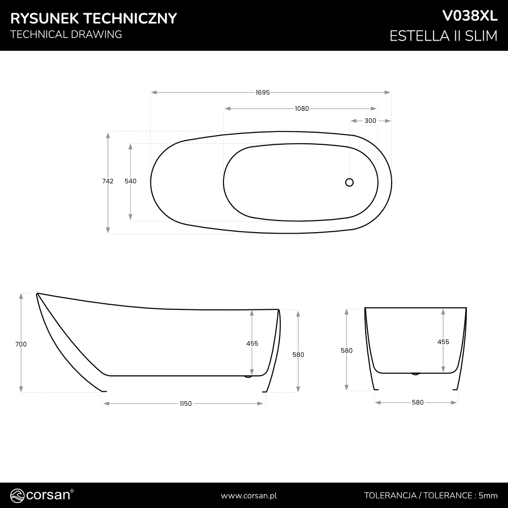 Wanna wolnostojąca ESTELLA II SLIM V038XLBRG 170 cm Przelew szczelinowy Korek klik klak Miedź szczotkowana
