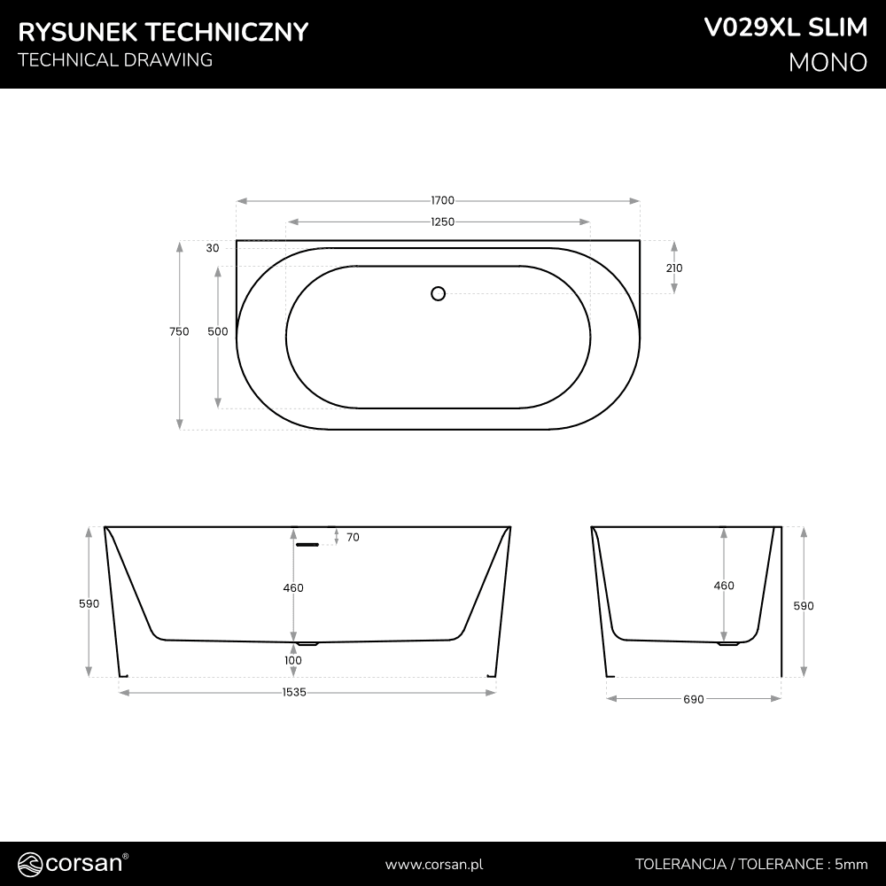 Wanna przyścienna MONO V029XLSBRG Slim 170 cm Przelew szczelinowy Korek klik klak Miedź Szczotkowana