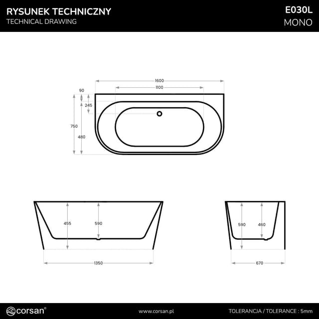 Wanna przyścienna wolnostojąca Corsan MONO E030LRG 160 cm z szeroką krawędzią Korek klik-klak Miedziany / Różowe Złoto