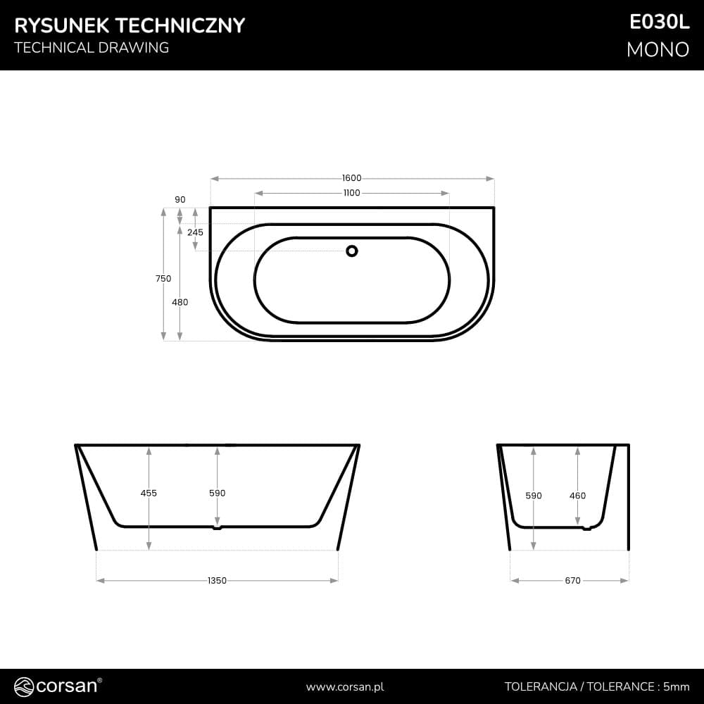 Wanna przyścienna wolnostojąca Corsan MONO E030LWH 160 cm z szeroką krawędzią Korek klik-klak Biały