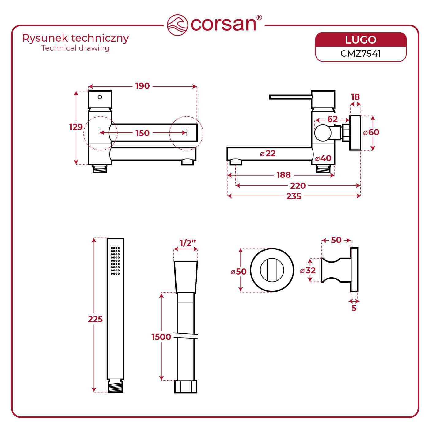 Bateria wannowa ścienna Corsan Lugo CMZ7541BGL z zestawem natryskowym Złoto Szczotkowane