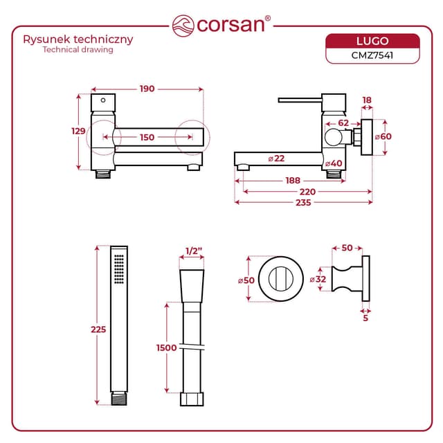 Bateria wannowa ścienna Corsan Lugo CMZ7541BGL z zestawem natryskowym Złoto Szczotkowane