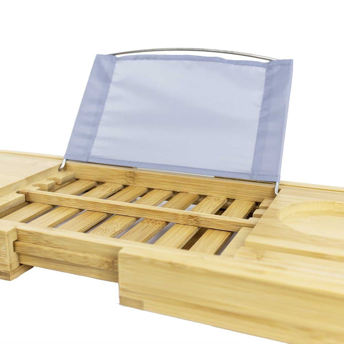 Bambusowa rozsuwana półka na wannę, z miejscem na telefon, uchwytem na kieliszek i regulowaną podpórką