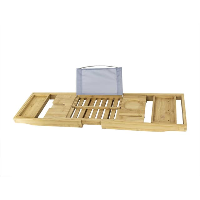 Bambusowa rozsuwana półka na wannę, z miejscem na telefon, uchwytem na kieliszek i regulowaną podpórką