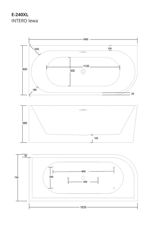 Wanna wolnostojąca narożna Corsan INTERO 170 x 80 z szeroką krawędzią Montaż lewostronny Korek klik-klak Grafit / GunMetal