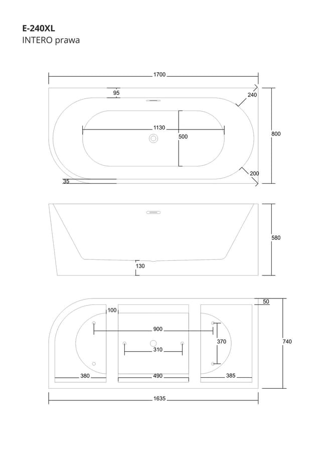Wanna wolnostojąca narożna Corsan INTERO 170 x 80 z szeroką krawędzią Montaż prawostronny Korek klik-klak Czarny