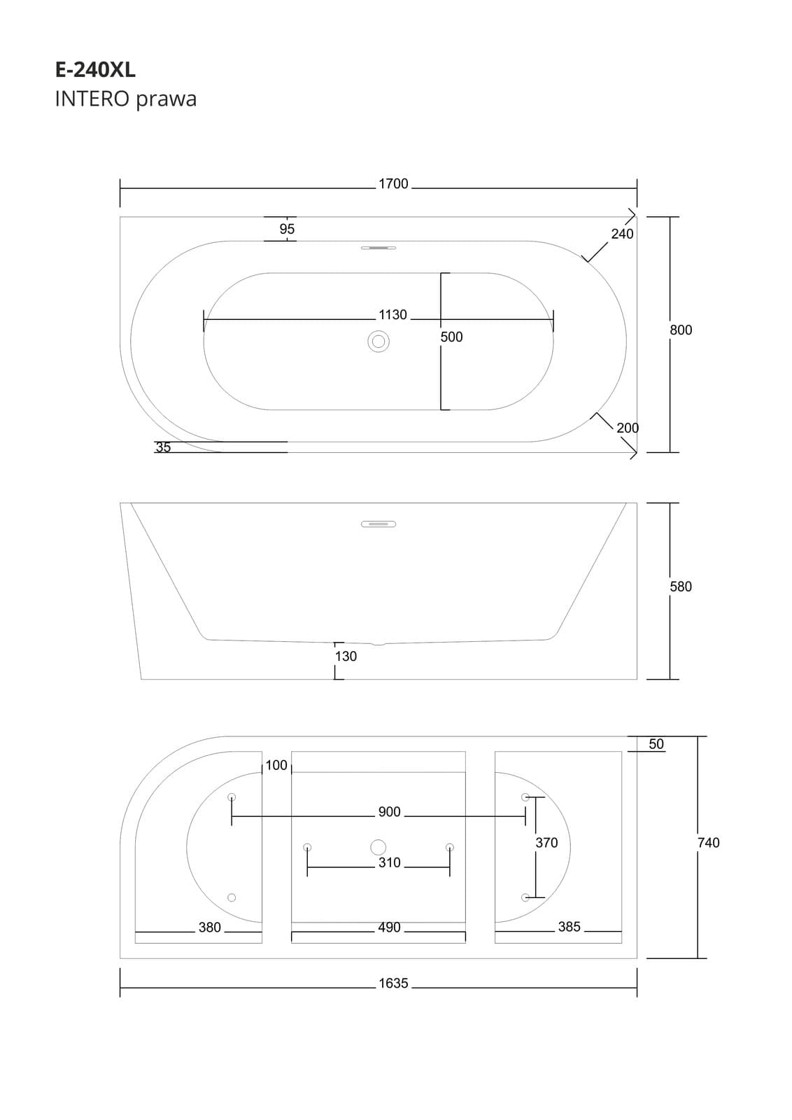 Wanna wolnostojąca narożna Corsan INTERO 170 x 80 z szeroką krawędzią Montaż prawostronny Korek klik-klak Grafit / GunMetal