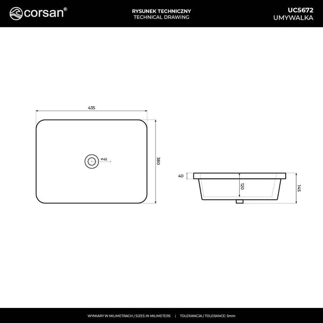 Umywalka wpuszczana w blat INTERO UC5672GL 430x380x140 mm z korkiem złotym