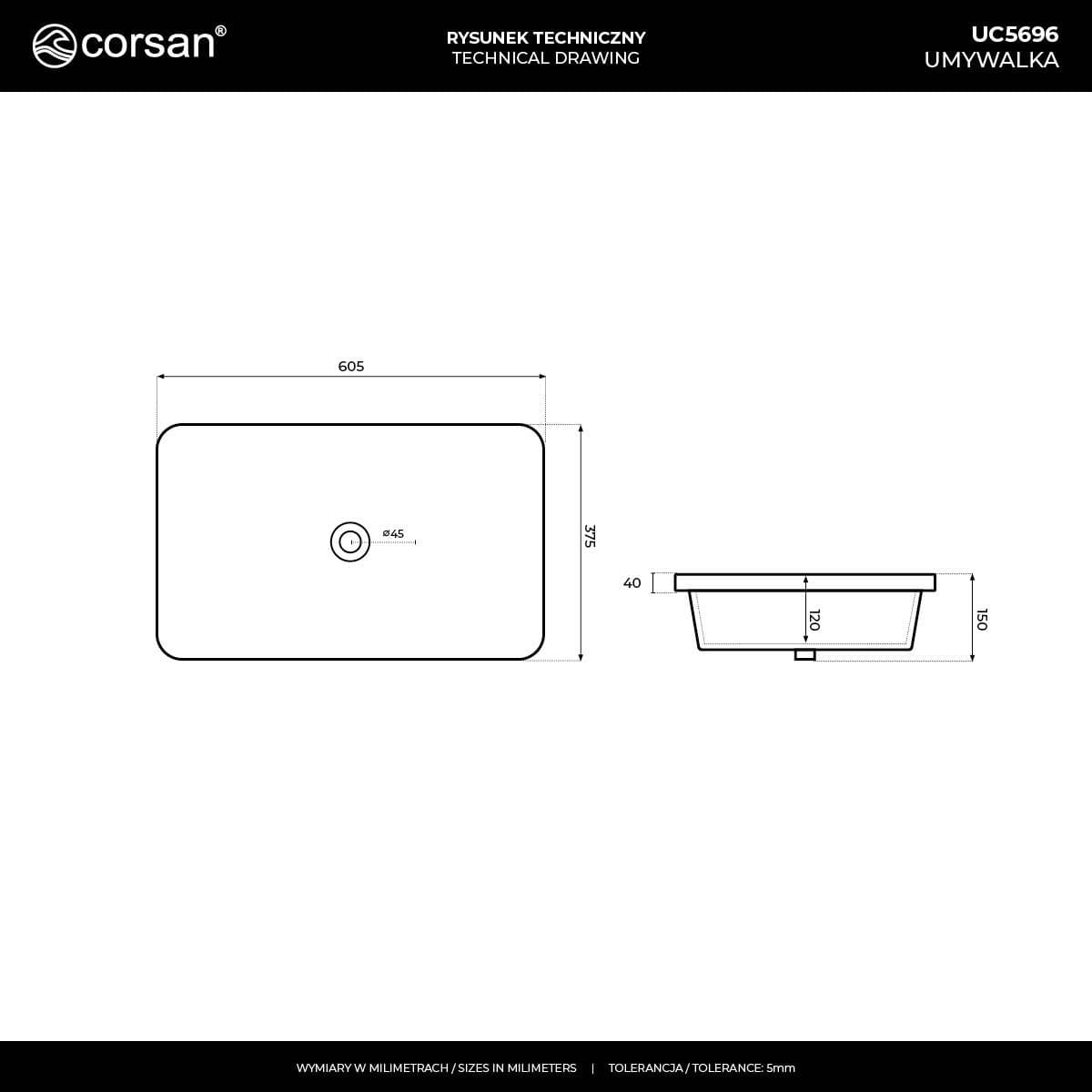 Umywalka wpuszczana w blat INTERO UC5696GL 600x370x145 mm z korkiem złotym