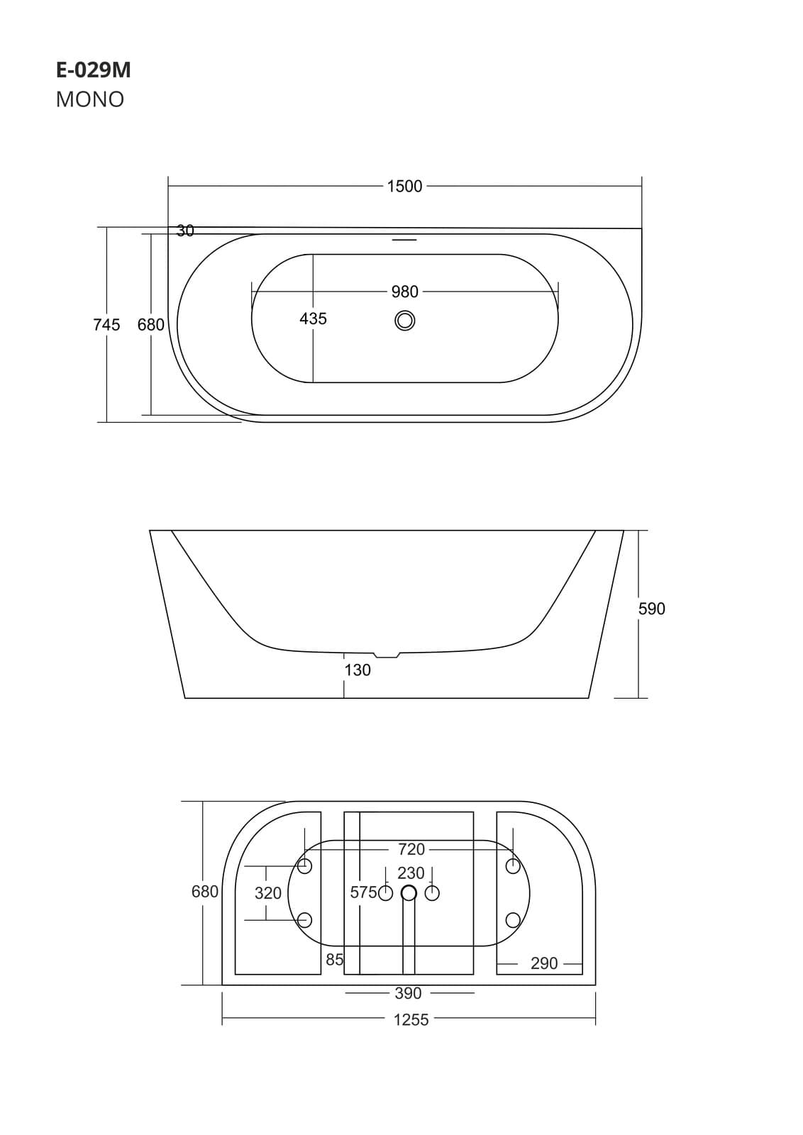 Wanna przyścienna wolnostojąca Corsan MONO 150 cm Korek klik-klak Szczotkowane Złoto